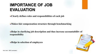 IMPORTANCE OF JOB
EVALUATION
Clearly defines roles and responsibilities of each job
Makes fair compensation structure through benchmarking
Helps in clarifying job description and thus increase accountability of
responsibility
Helps in selection of employees
Isha Joshi - MIB (I-semester)
 