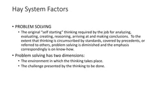 Hay System Factors
• PROBLEM SOLVING
• The original “self starting” thinking required by the job for analyzing,
evaluating, creating, reasoning, arriving at and making conclusions. To the
extent that thinking is circumscribed by standards, covered by precedents, or
referred to others, problem solving is diminished and the emphasis
correspondingly is on know-how.
• Problem solving has two dimensions:
• The environment in which the thinking takes place.
• The challenge presented by the thinking to be done.
 