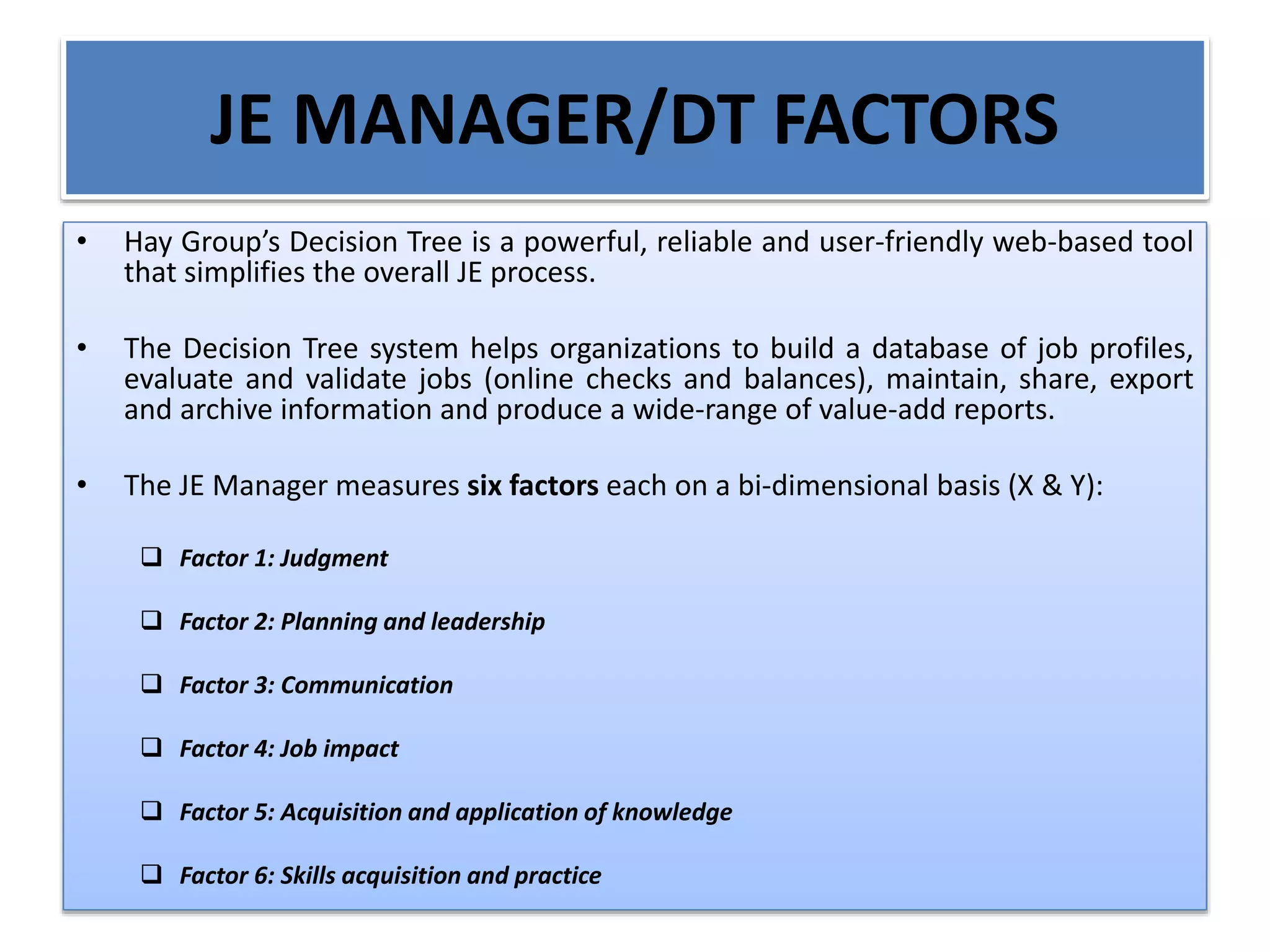 JE MANAGER/DT FACTORS
• Hay Group’s Decision Tree is a powerful, reliable and user-friendly web-based tool
that simplifies the overall JE process.
• The Decision Tree system helps organizations to build a database of job profiles,
evaluate and validate jobs (online checks and balances), maintain, share, export
and archive information and produce a wide-range of value-add reports.
• The JE Manager measures six factors each on a bi-dimensional basis (X & Y):
 Factor 1: Judgment
 Factor 2: Planning and leadership
 Factor 3: Communication
 Factor 4: Job impact
 Factor 5: Acquisition and application of knowledge
 Factor 6: Skills acquisition and practice
 