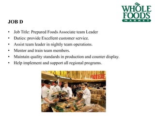 JOB D
• Job Title: Prepared Foods Associate team Leader
• Duties: provide Excellent customer service.
• Assist team leader in nightly team operations.
• Mentor and train team members.
• Maintain quality standards in production and counter display.
• Help implement and support all regional programs.
 