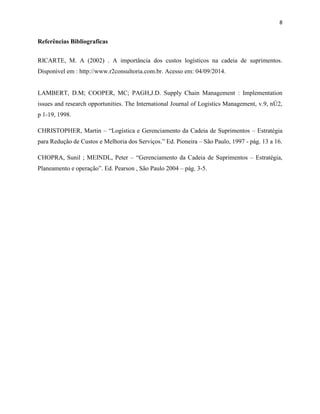 8 
Referências Bibliograficas 
RICARTE, M. A (2002) . A importância dos custos logísticos na cadeia de suprimentos. 
Disponível em : http://www.r2consultoria.com.br. Acesso em: 04/09/2014. 
LAMBERT, D.M; COOPER, MC; PAGH,J.D. Supply Chain Management : Implementation 
issues and research opportunities. The International Journal of Logistics Management, v.9, nÚ2, 
p 1-19, 1998. 
CHRISTOPHER, Martin – “Logística e Gerenciamento da Cadeia de Suprimentos – Estratégia 
para Redução de Custos e Melhoria dos Serviços.” Ed. Pioneira – São Paulo, 1997 - pág. 13 a 16. 
CHOPRA, Sunil ; MEINDL, Peter – “Gerenciamento da Cadeia de Suprimentos – Estratégia, 
Planeamento e operação”. Ed. Pearson , São Paulo 2004 – pág. 3-5. 
