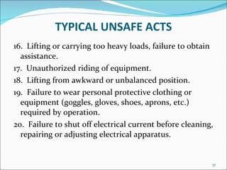 TYPICAL UNSAFE ACTS 16.  Lifting or carrying too heavy loads, failure to obtain assistance. 17.  Unauthorized riding of equipment. 18.  Lifting from awkward or unbalanced position. 19.  Failure to wear personal protective clothing or equipment (goggles, gloves, shoes, aprons, etc.) required by operation. 20.  Failure to shut off electrical current before cleaning, repairing or adjusting electrical apparatus. 