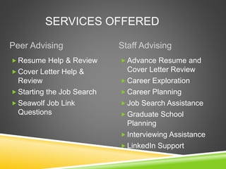 SERVICES OFFERED
Peer Advising Staff Advising
 Resume Help & Review
 Cover Letter Help &
Review
 Starting the Job Search
 Seawolf Job Link
Questions
 Advance Resume and
Cover Letter Review
 Career Exploration
 Career Planning
 Job Search Assistance
 Graduate School
Planning
 Interviewing Assistance
 LinkedIn Support
 