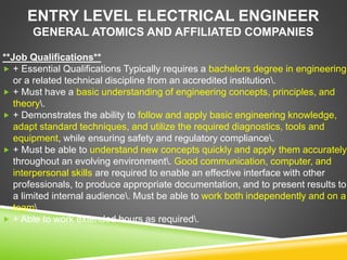ENTRY LEVEL ELECTRICAL ENGINEER
GENERAL ATOMICS AND AFFILIATED COMPANIES
**Job Qualifications**
 + Essential Qualifications Typically requires a bachelors degree in engineering
or a related technical discipline from an accredited institution.
 + Must have a basic understanding of engineering concepts, principles, and
theory.
 + Demonstrates the ability to follow and apply basic engineering knowledge,
adapt standard techniques, and utilize the required diagnostics, tools and
equipment, while ensuring safety and regulatory compliance.
 + Must be able to understand new concepts quickly and apply them accurately
throughout an evolving environment. Good communication, computer, and
interpersonal skills are required to enable an effective interface with other
professionals, to produce appropriate documentation, and to present results to
a limited internal audience. Must be able to work both independently and on a
team.
 + Able to work extended hours as required.
 