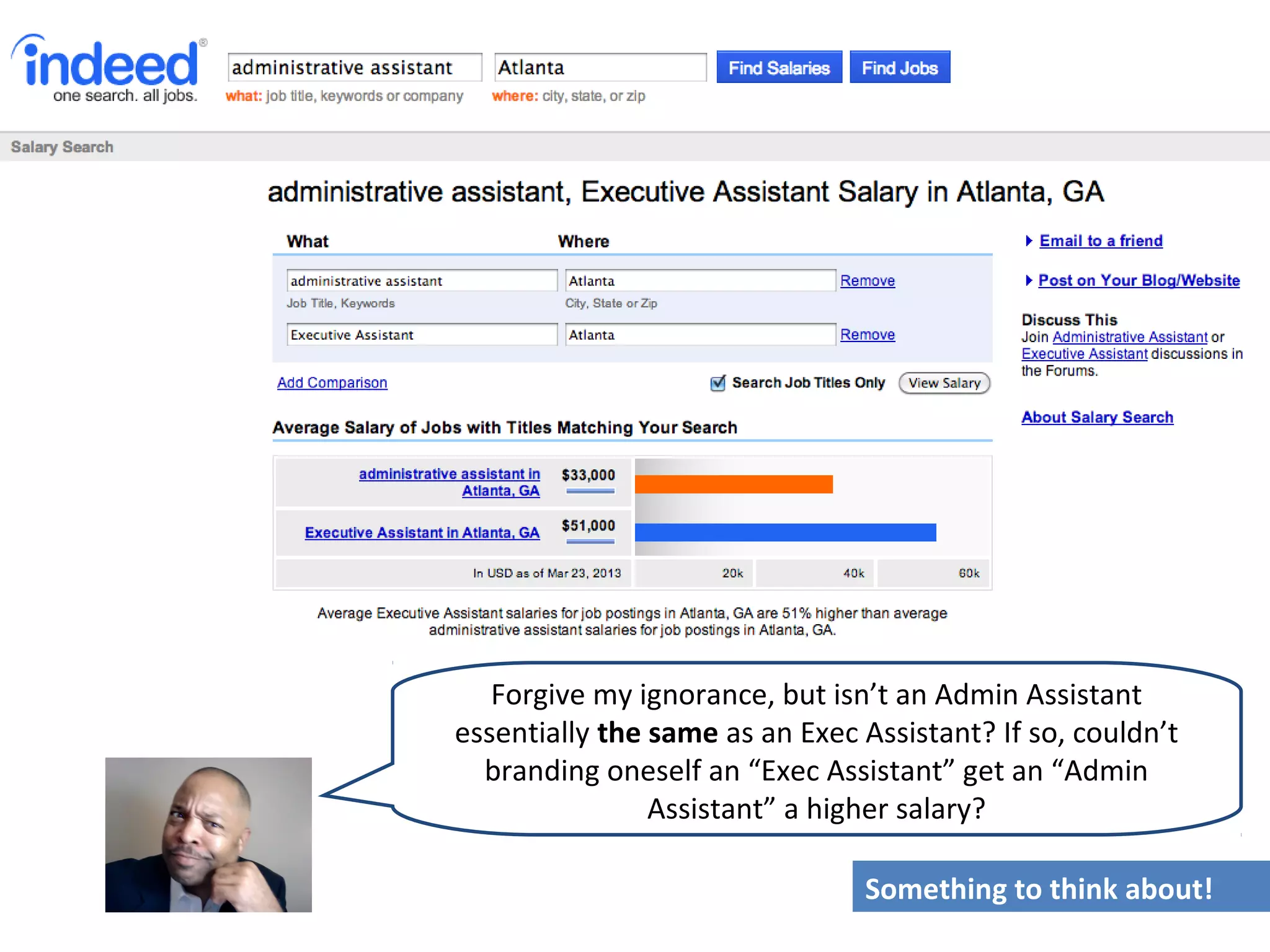 Forgive my ignorance, but isn’t an Admin Assistant
essentially the same as an Exec Assistant? If so, couldn’t
  branding oneself an “Exec Assistant” get an “Admin
                Assistant” a higher salary?

                                Something to think about!
 