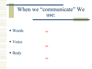 When we “communicate” We use: <ul><li>Words </li></ul><ul><li>Voice </li></ul><ul><li>Body </li></ul>= = = 