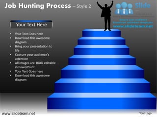 Job Hunting Process – Style 2

        Your Text Here
    •   Your Text Goes here
    •   Download this awesome
        diagram
    •   Bring your presentation to
        life
    •   Capture your audience’s
        attention
    •   All images are 100% editable
        in PowerPoint
    •   Your Text Goes here
    •   Download this awesome
        diagram




www.slideteam.net                      Your Logo
 
