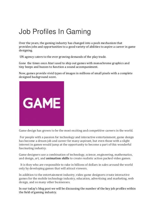 job profiles in gaming industry most exciting careers