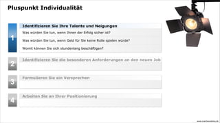 Pluspunkt Individualität


    Identifizieren Sie Ihre Talente und Neigungen
    Was würden Sie tun, wenn Ihnen der Erfolg sicher ist?

1   Was würden Sie tun, wenn Geld für Sie keine Rolle spielen würde?

    Womit können Sie sich stundenlang beschäftigen?


    Identifizieren Sie die besonderen Anforderungen an den neuen Job
2
    Formulieren Sie ein Versprechen
3
    Arbeiten Sie an Ihrer Positionierung
4

                                                                       www.coachacademy.de
 