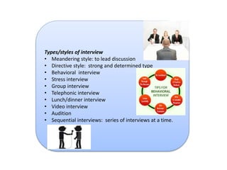 Types/styles of interview 
• Meandering style: to lead discussion 
• Directive style: strong and determined type 
• Behavioral interview 
• Stress interview 
• Group interview 
• Telephonic interview 
• Lunch/dinner interview 
• Video interview 
• Audition 
• Sequential interviews: series of interviews at a time. 
 