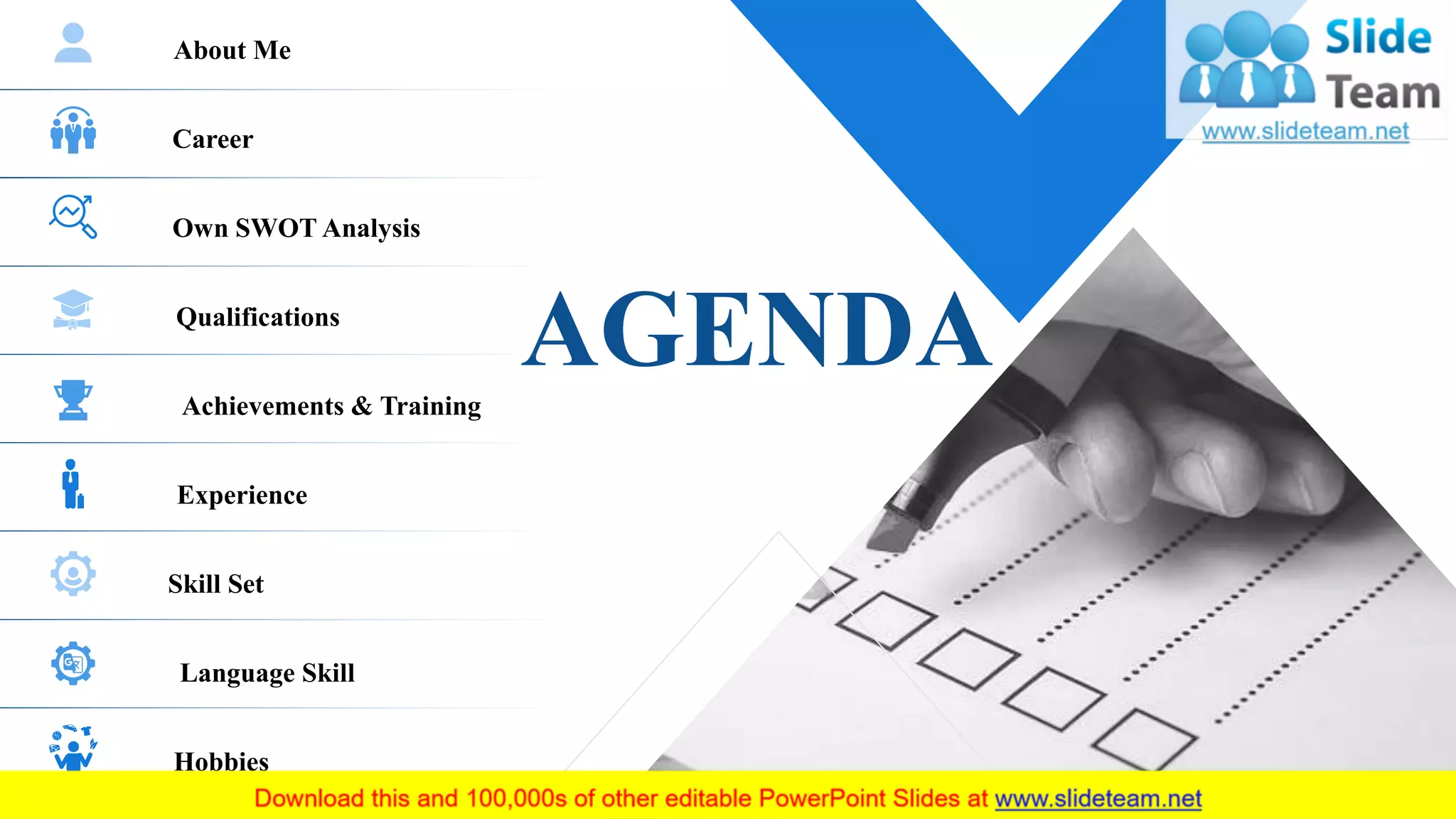 AGENDA
About Me
Career
Own SWOT Analysis
Qualifications
Achievements & Training
Experience
Skill Set
Language Skill
Hobbies
2
 
