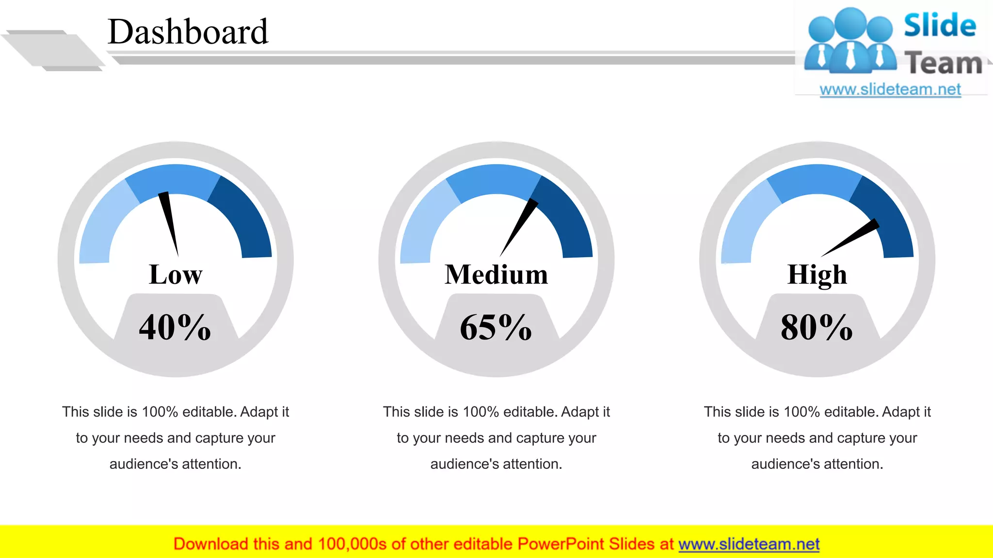 Dashboard
31
This slide is 100% editable. Adapt it
to your needs and capture your
audience's attention.
40%
Low
This slide is 100% editable. Adapt it
to your needs and capture your
audience's attention.
65%
Medium
This slide is 100% editable. Adapt it
to your needs and capture your
audience's attention.
80%
High
 