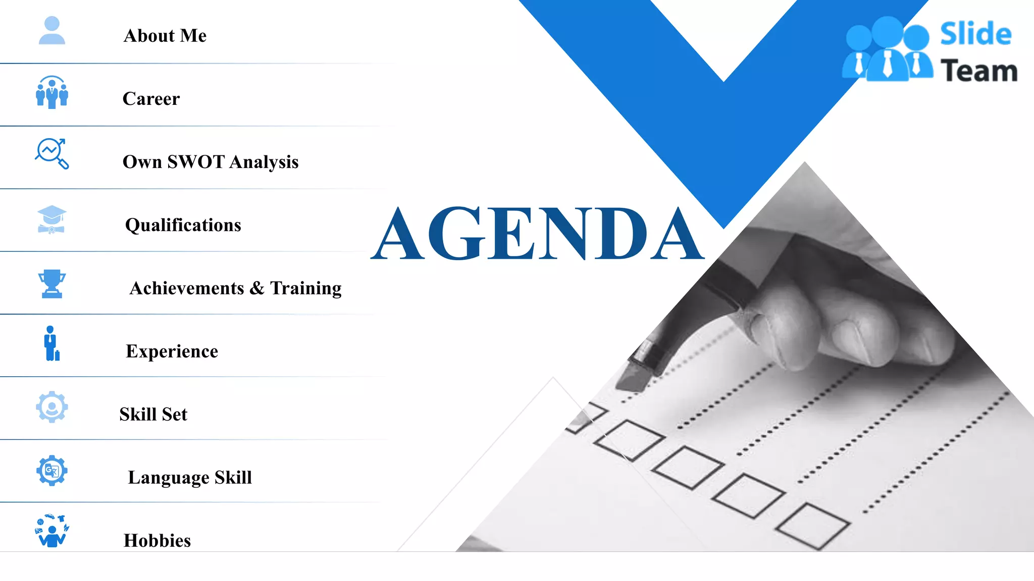 AGENDA
About Me
Career
Own SWOT Analysis
Qualifications
Achievements & Training
Experience
Skill Set
Language Skill
Hobbies
2
 