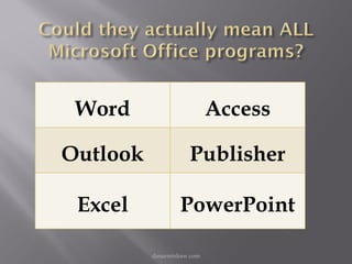 Word                       Access

Outlook              Publisher

 Excel            PowerPoint

          danarmishaw.com
 