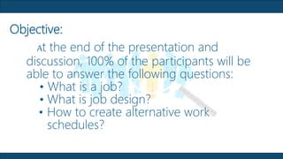 Job, job design and alternative work schedule reported by kurt b ...