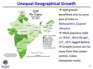 Unequal Geographical Growth
12
 GDP growth
benefitted only to some
part of India i.e.
Maharashtra ,Gujarat
,Haryana
 Most populous state
i.e. Bihar , West Bengal ,
U.P. , M.P. lagged behind
 Growth Centre are Far
away from Man power
central, makes
Manpower costly
 