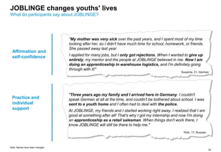 19
JOBLINGE changes youths' lives
What do participants say about JOBLINGE?
Affirmation and
self-confidence
Note: Names have been changed
Practice and
individual
support
"My mother was very sick over the past years, and I spent most of my time
looking after her, so I didn't have much time for school, homework, or friends.
She passed away last year.
I applied for many jobs, but I only got rejections. When I wanted to give up
entirely, my mentor and the people at JOBLINGE believed in me. Now I am
doing an apprenticeship in warehouse logistics, and I'm definitely going
through with it!"
Susanne, 21, German
"Three years ago my family and I arrived here in Germany. I couldn't
speak German at all at the time, and couldn't be bothered about school. I was
sent to a youth home and I often had to deal with the police.
At JOBLINGE, my friends and I started working right away. I realized that I am
good at something after all! That's why I got my internship and now I'm doing
an apprenticeship as a retail salesman. When things don't work there, I
know JOBLINGE will still be there to help me."
Piotr, 17, Russian
 