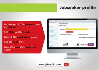 www.jobmail.co.za
Onaverage150000jobalertssent
outmonthly
54%Malevs46%Female
Over14000applicationsweekly
380000freshCV’s
Over5000newCV’sregistered
weeklyweekly
Jobseekerprofile
 