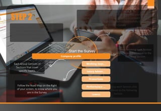 5www.jobmastergroup.com
STEP 2
Start the Survey
This Survey consists of Groups of questions
when answered correctly, reflect the
realistic state of your Company’s Benefits
policy.
Each Group Consists of
Sections that cover
specific topics.
Follow the Road Map on the Right
of your screen, to know where you
are in the Survey.
After finishing each Section click
Save then move to the following
Section.
After finishing each Section
click Save then move to the
following Section.
A Progress Bar with be visible at all times during your Sessions
to give you an idea about your progress in answering the
Survey and how much you have left to successfully complete
our Benefits Survey
 