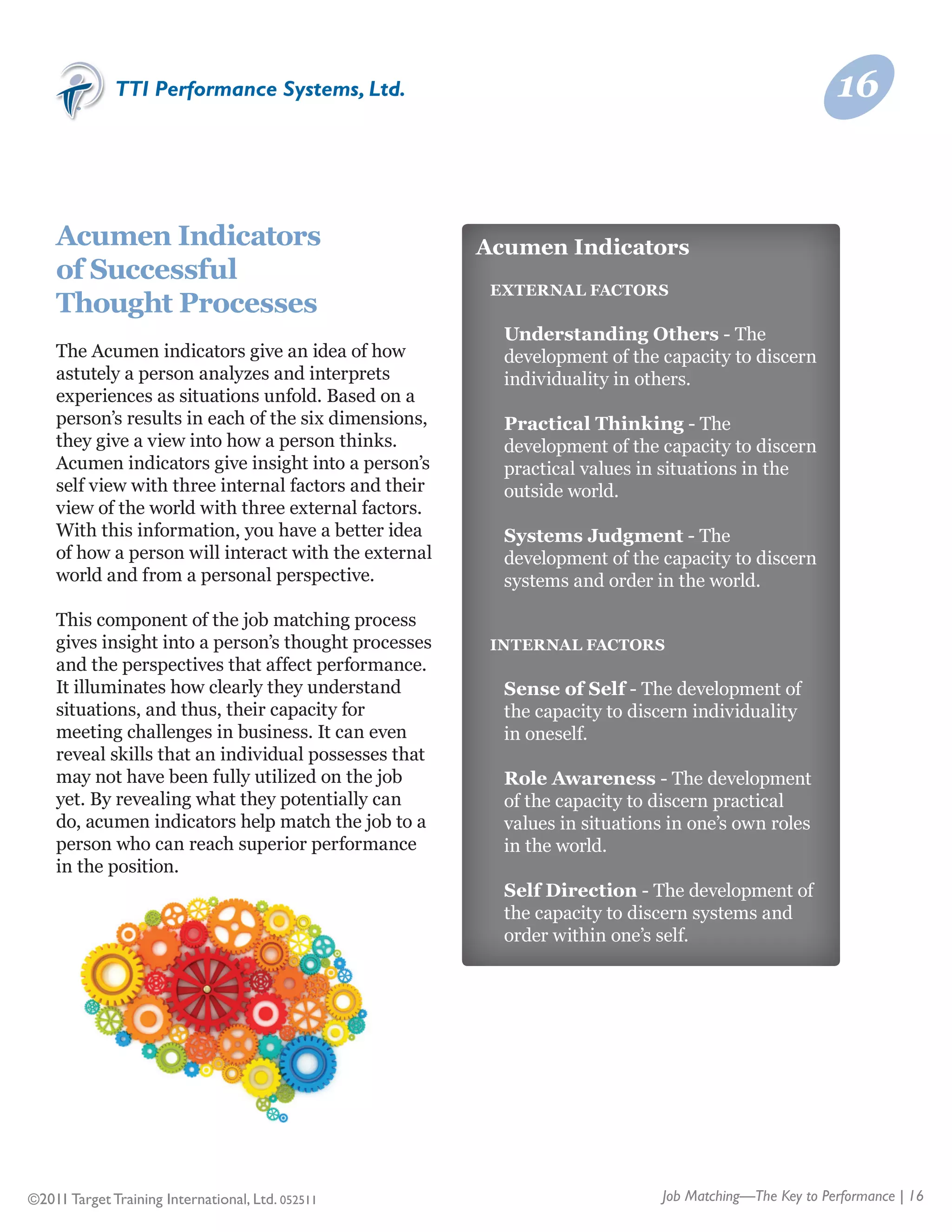 TTI Performance Systems, Ltd.                                                               16


    Acumen Indicators                                 Acumen Indicators
    of Successful
                                                      	External Factors
    Thought Processes
                                                      	 	 Understanding Others - The
    The Acumen indicators give an idea of how         	 	 development of the capacity to discern 	
    astutely a person analyzes and interprets         	 	 individuality in others.
    experiences as situations unfold. Based on a
    person’s results in each of the six dimensions,   		    Practical Thinking - The
    they give a view into how a person thinks.        	 	   development of the capacity to discern 	
    Acumen indicators give insight into a person’s    	 	   practical values in situations in the 	
    self view with three internal factors and their   	 	   outside world.
    view of the world with three external factors.
    With this information, you have a better idea     	 	 Systems Judgment - The
    of how a person will interact with the external   	 	 development of the capacity to discern 	
    world and from a personal perspective.            	 	 systems and order in the world.

    This component of the job matching process
    gives insight into a person’s thought processes   	 Internal Factors
    and the perspectives that affect performance.
    It illuminates how clearly they understand        	 	 Sense of Self - The development of
    situations, and thus, their capacity for          	 	 the capacity to discern individuality	
    meeting challenges in business. It can even       	 	 in oneself.
    reveal skills that an individual possesses that
    may not have been fully utilized on the job       		    Role Awareness - The development
    yet. By revealing what they potentially can       	 	   of the capacity to discern practical 	
    do, acumen indicators help match the job to a     	 	   values in situations in one’s own roles
    person who can reach superior performance         	 	   in the world.
    in the position.
                                                      		 Self Direction - The development of
                                                      	 	 the capacity to discern systems and 	
                                                      	 	 order within one’s self.




©2011 Target Training International, Ltd. 052511                                Job Matching—The Key to Performance | 16
 