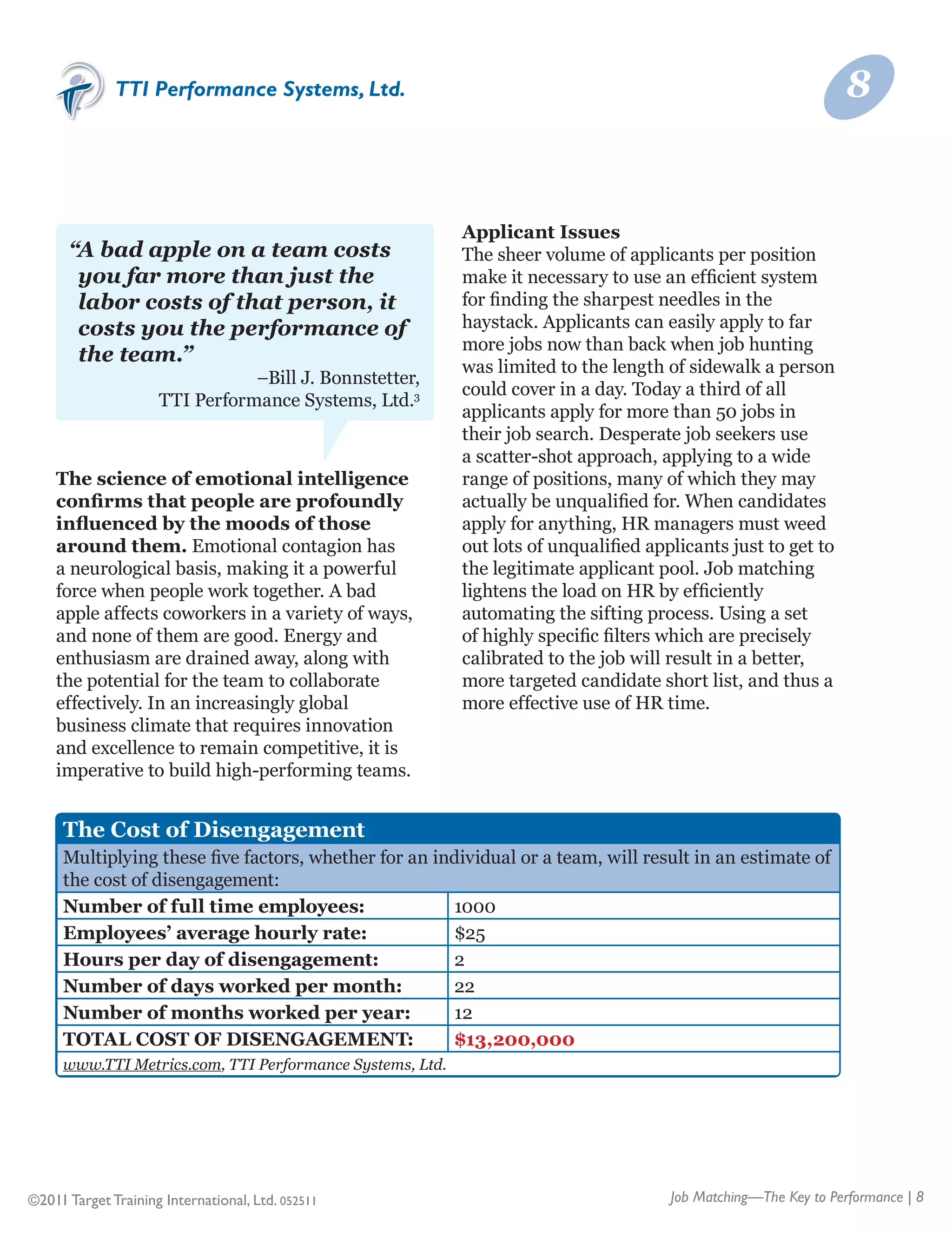 TTI Performance Systems, Ltd.                                                                    8


                                                          Applicant Issues
      “A bad apple on a team costs                        The sheer volume of applicants per position
      	 you far more than just the                        make it necessary to use an efficient system
      	 labor costs of that person, it                    for finding the sharpest needles in the
      	 costs you the performance of                      haystack. Applicants can easily apply to far
                                                          more jobs now than back when job hunting
      	 the team.”
                                                          was limited to the length of sidewalk a person
                                –Bill J. Bonnstetter,
                                                          could cover in a day. Today a third of all
                     TTI Performance Systems, Ltd.3
                                                          applicants apply for more than 50 jobs in
                                                          their job search. Desperate job seekers use
                                                          a scatter-shot approach, applying to a wide
    The science of emotional intelligence                 range of positions, many of which they may
    confirms that people are profoundly                   actually be unqualified for. When candidates
    influenced by the moods of those                      apply for anything, HR managers must weed
    around them. Emotional contagion has                  out lots of unqualified applicants just to get to
    a neurological basis, making it a powerful            the legitimate applicant pool. Job matching
    force when people work together. A bad                lightens the load on HR by efficiently
    apple affects coworkers in a variety of ways,         automating the sifting process. Using a set
    and none of them are good. Energy and                 of highly specific filters which are precisely
    enthusiasm are drained away, along with               calibrated to the job will result in a better,
    the potential for the team to collaborate             more targeted candidate short list, and thus a
    effectively. In an increasingly global                more effective use of HR time.
    business climate that requires innovation
    and excellence to remain competitive, it is
    imperative to build high-performing teams.


     The Cost of Disengagement
     Multiplying these five factors, whether for an individual or a team, will result in an estimate of
     the cost of disengagement:
     Number of full time employees:                   1000
     Employees’ average hourly rate:                  $25
     Hours per day of disengagement:                  2
     Number of days worked per month:                 22
     Number of months worked per year:                12
     TOTAL COST OF DISENGAGEMENT:                     $13,200,000
     www.TTI Metrics.com, TTI Performance Systems, Ltd.




©2011 Target Training International, Ltd. 052511                                     Job Matching—The Key to Performance | 8
 