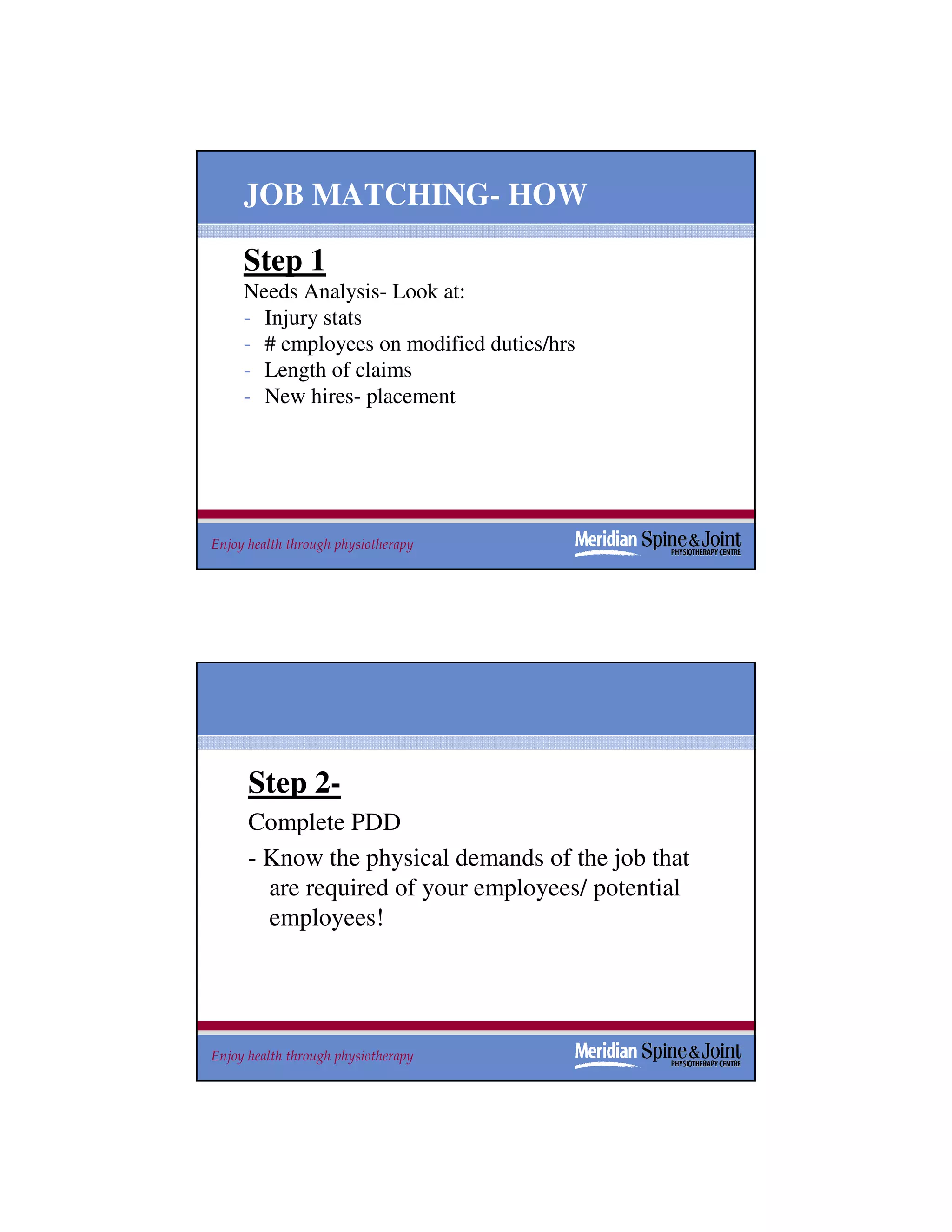 JOB MATCHING- HOW

     Step 1
     Needs Analysis- Look at:
     - Injury stats
     - # employees on modified duties/hrs
     - Length of claims
     - New hires- placement




Enjoy health through physiotherapy                  45




      Step 2-
      Complete PDD
      - Know the physical demands of the job that
        are required of your employees/ potential
        employees!




Enjoy health through physiotherapy                  46
 