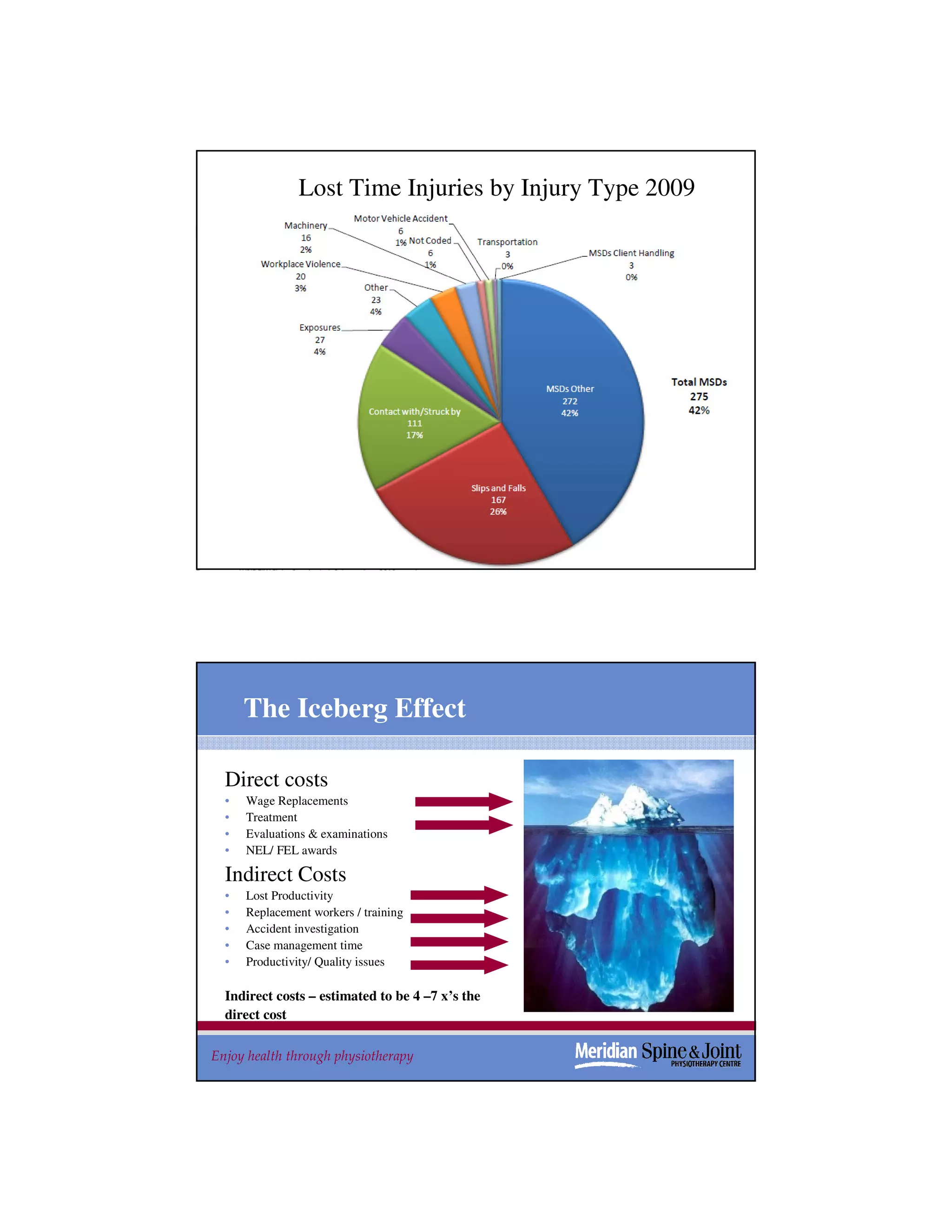 Lost Time Injuries by Injury Type 2009




Enjoy health through physiotherapy                       7




      The Iceberg Effect

  Direct costs
  •   Wage Replacements
  •   Treatment
  •   Evaluations & examinations
  •   NEL/ FEL awards

  Indirect Costs
  •   Lost Productivity
  •   Replacement workers / training
  •   Accident investigation
  •   Case management time
  •   Productivity/ Quality issues

  Indirect costs – estimated to be 4 –7 x’s the
  direct cost

Enjoy health through physiotherapy                       8
 