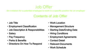 Job Offer
An invitation for a potential employee to work in a specific position for an employer
Contents of Job Offer
• Job Title
• Employment Classification
• Job Description & Responsibilities
• Salary
• Pay Frequency
• Perks & Benefits
• Directions On How To Respond
• Work Location
• Management Structure
• Starting Date/Ending Date
• Hiring Conditions
• Employment Agreements
• Contact Detail
• Relevant Documents
• Work Schedule
 