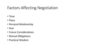 Factors Affecting Negotiation
• Time
• Place
• Personal Relationship
• Fear
• Future Considerations
• Mutual Obligations
• Practical Wisdom
 