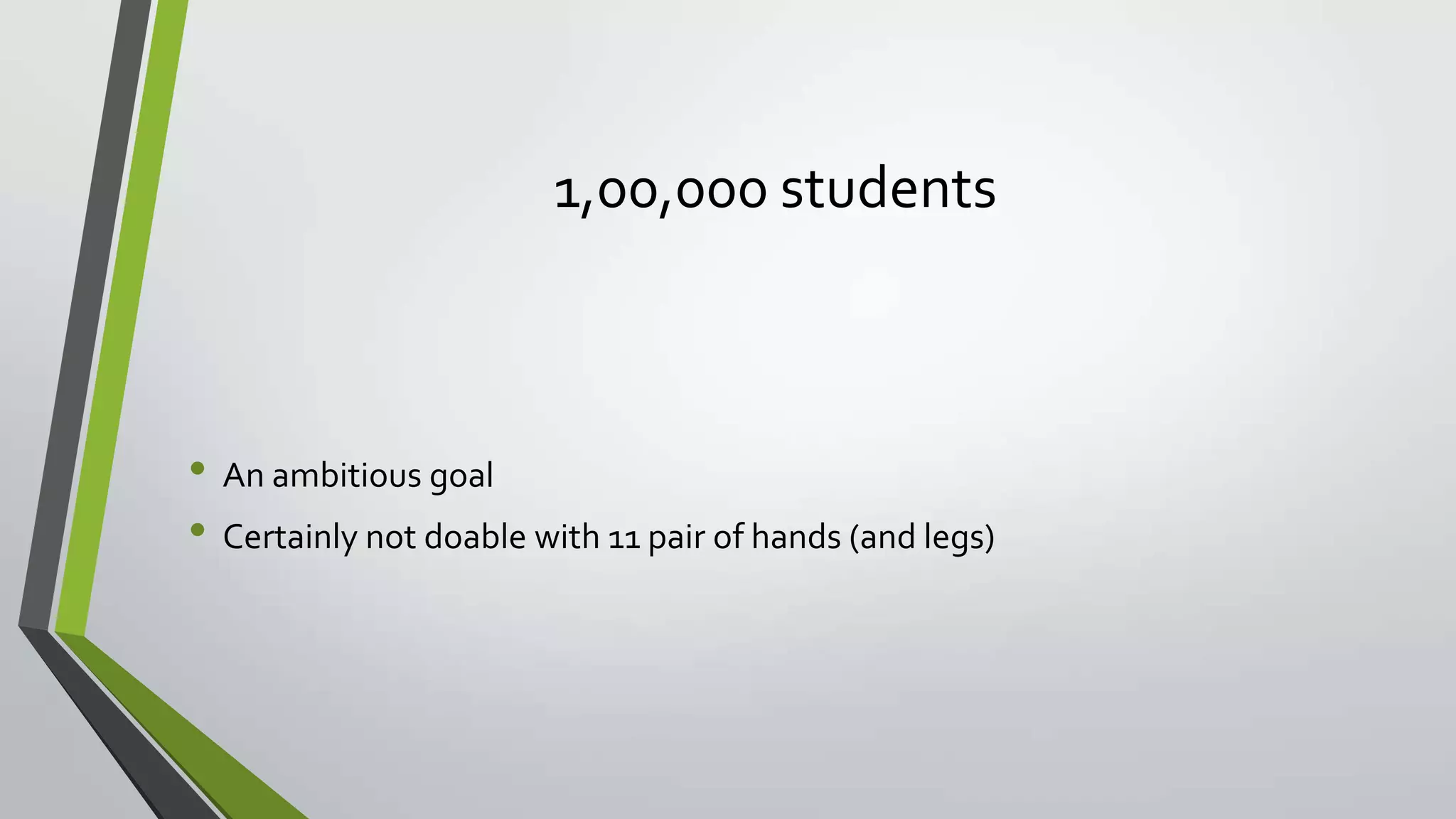 1,00,000 students
• An ambitious goal
• Certainly not doable with 11 pair of hands (and legs)
 