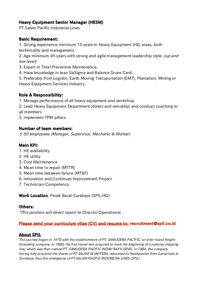 Job offer spil senior heavy equipment managersurabaya