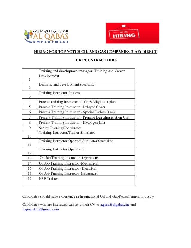 HIRING FOR TOP NOTCH OIL AND GAS COMPANIES (UAE)DIRECT HIRE/CONTRACT HIRE