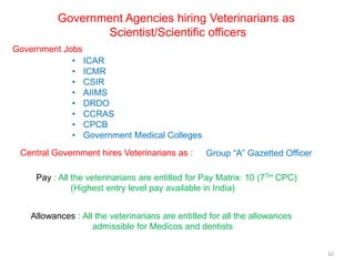 10
Government Agencies hiring Veterinarians as
Scientist/Scientific officers
Government Jobs
• ICAR
• ICMR
• CSIR
• AIIMS
• DRDO
• CCRAS
• CPCB
• Government Medical Colleges
Central Government hires Veterinarians as : Group “A” Gazetted Officer
Pay : All the veterinarians are entitled for Pay Matrix: 10 (7TH CPC)
(Highest entry level pay available in India)
Allowances : All the veterinarians are entitled for all the allowances
admissible for Medicos and dentists
 