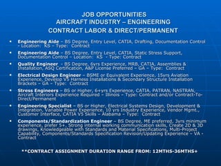 JOB OPPORTUNITIES AIRCRAFT INDUSTRY – ENGINEERING  CONTRACT LABOR & DIRECT/PERMANENT   ,[object Object],[object Object],[object Object],[object Object],[object Object],[object Object],[object Object],[object Object]