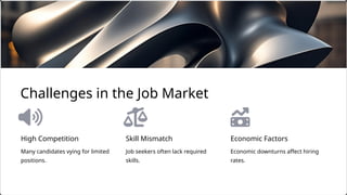 High Competition
Many candidates vying for limited
positions.
Job seekers often lack required
skills.
Economic downturns affect hiring
rates.
Skill Mismatch Economic Factors
Challenges in the Job Market
 