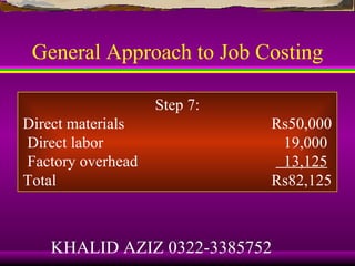 General Approach to Job Costing

                   Step 7:
Direct materials             Rs50,000
Direct labor                  19,000
Factory overhead              13,125
Total                        Rs82,125



   KHALID AZIZ 0322-3385752
 