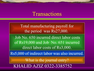 Transactions

      Total manufacturing payroll for
        the period was Rs27,000.
  Job No. 650 incurred direct labor costs
  of Rs19,000 and Job No. 651 incurred
       direct labor costs of Rs3,000.
Rs5,000 of indirect labor was also incurred.
        What is the journal entry?
 KHALID AZIZ 0322-3385752
 