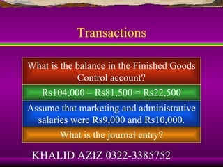 Transactions

What is the balance in the Finished Goods
            Control account?
   Rs104,000 – Rs81,500 = Rs22,500
Assume that marketing and administrative
  salaries were Rs9,000 and Rs10,000.
        What is the journal entry?

 KHALID AZIZ 0322-3385752
 