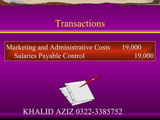 Transactions

Marketing and Administrative Costs   19,000
  Salaries Payable Control               19,000




     KHALID AZIZ 0322-3385752
 