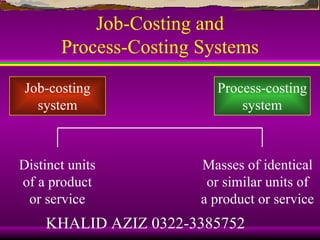 Job-Costing and
       Process-Costing Systems

 Job-costing             Process-costing
   system                    system



Distinct units         Masses of identical
of a product            or similar units of
 or service            a product or service
    KHALID AZIZ 0322-3385752
 