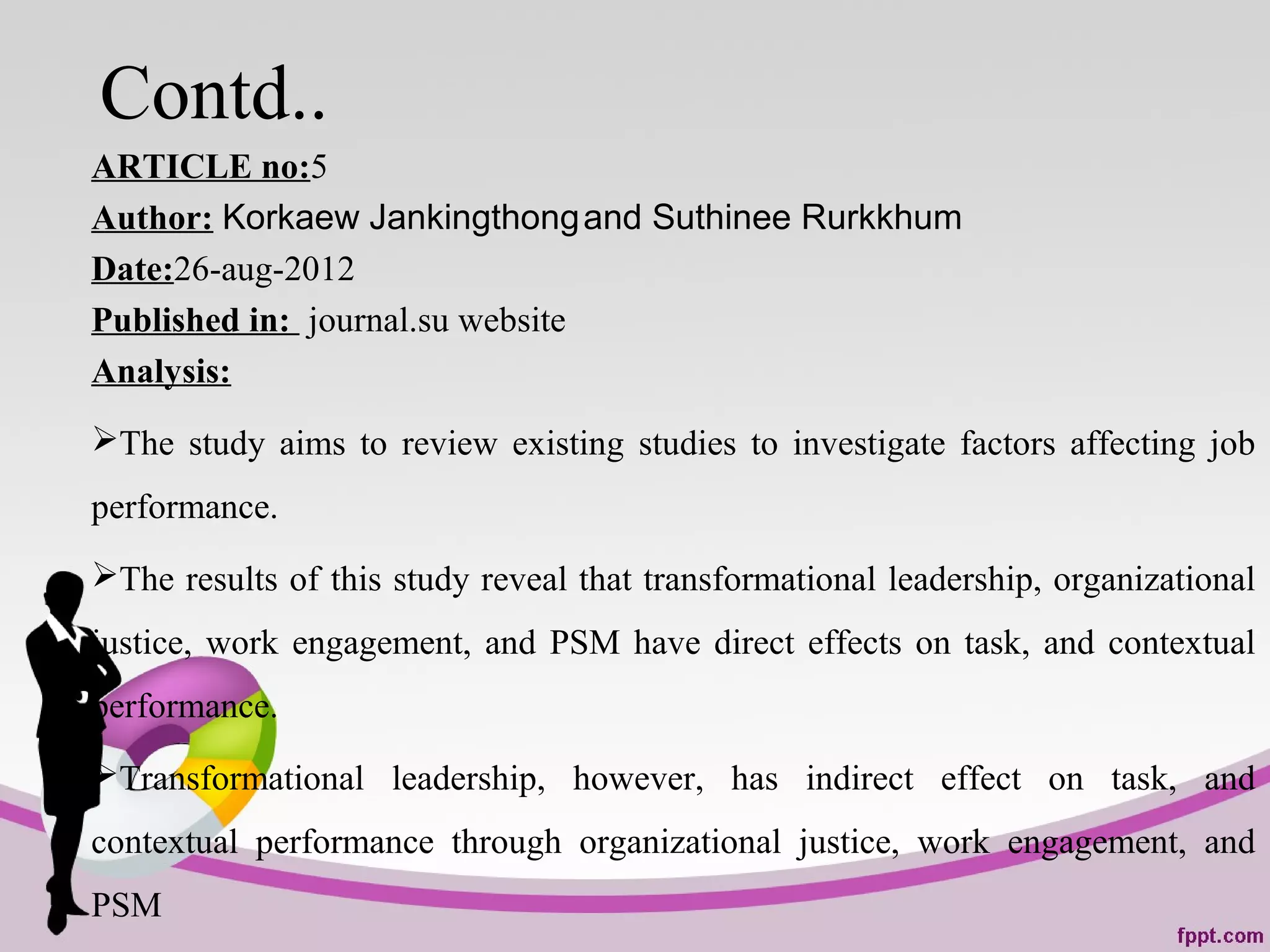 Contd..
ARTICLE no:5
Author: Korkaew Jankingthongand Suthinee Rurkkhum
Date:26-aug-2012
Published in: journal.su website
Analysis:
The study aims to review existing studies to investigate factors affecting job
performance.
The results of this study reveal that transformational leadership, organizational
justice, work engagement, and PSM have direct effects on task, and contextual
performance.
Transformational leadership, however, has indirect effect on task, and
contextual performance through organizational justice, work engagement, and
PSM
 