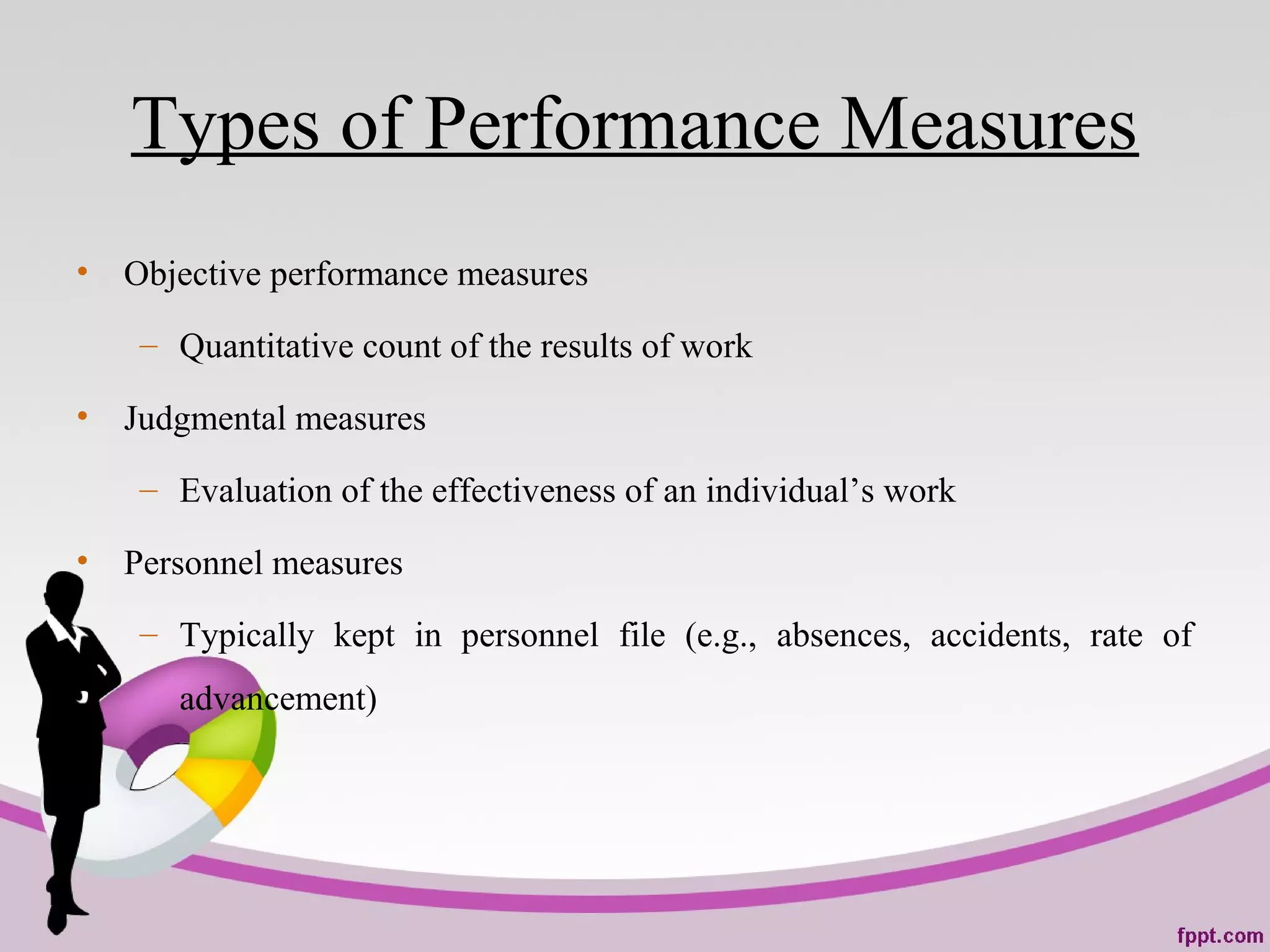 Types of Performance Measures
• Objective performance measures
– Quantitative count of the results of work
• Judgmental measures
– Evaluation of the effectiveness of an individual’s work
• Personnel measures
– Typically kept in personnel file (e.g., absences, accidents, rate of
advancement)
 