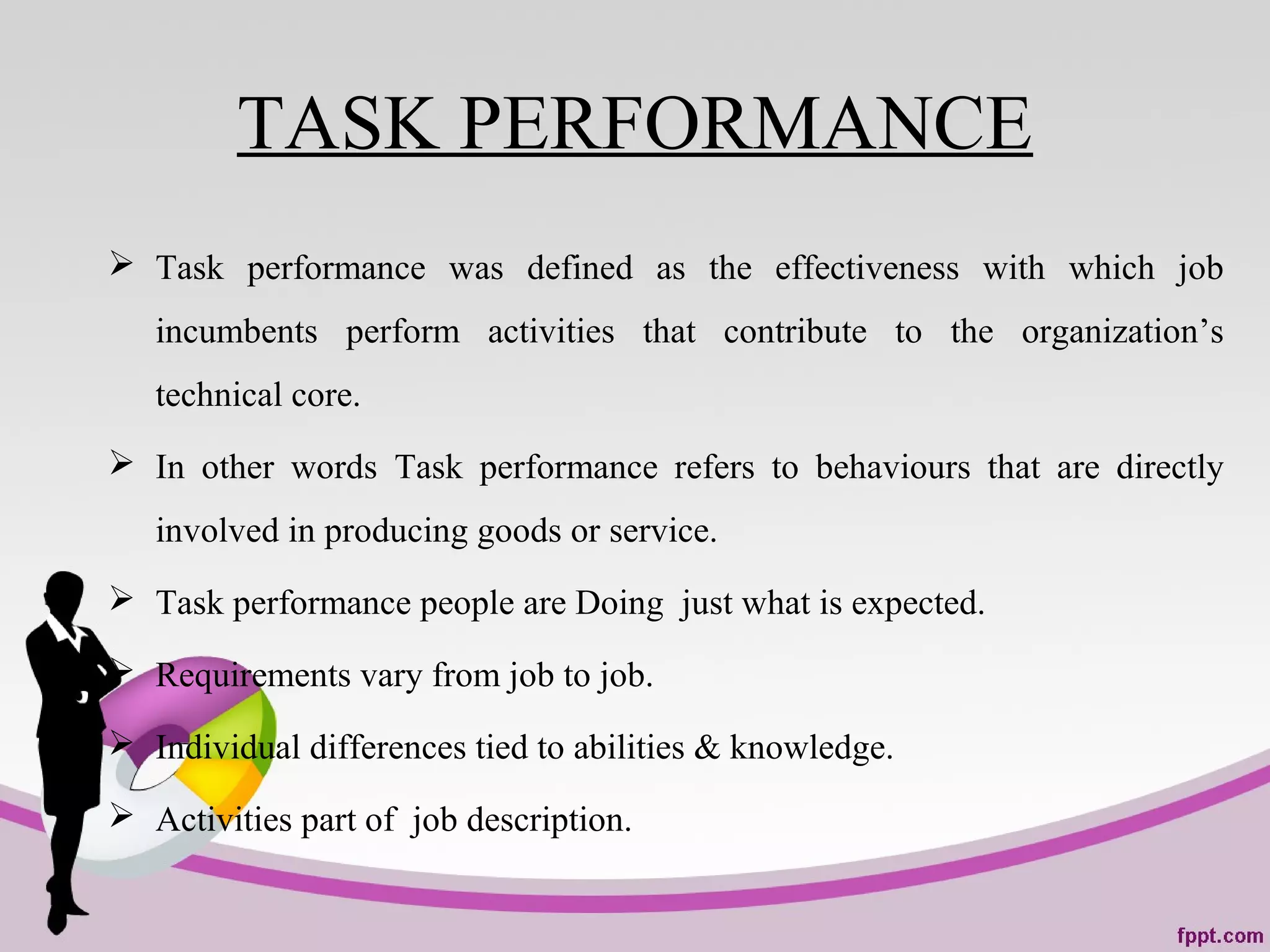 TASK PERFORMANCE
 Task performance was defined as the effectiveness with which job
incumbents perform activities that contribute to the organization’s
technical core.
 In other words Task performance refers to behaviours that are directly
involved in producing goods or service.
 Task performance people are Doing just what is expected.
 Requirements vary from job to job.
 Individual differences tied to abilities & knowledge.
 Activities part of job description.
 