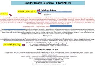 Conifer Health Solutions - EXAMPLE #4
Red Font
No need for Description twice
Inconsistent Font and sizing
 