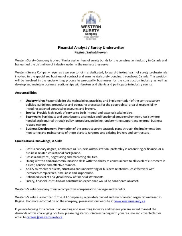 job opening financial analyst surety underwriter commercial underwriter cover letter