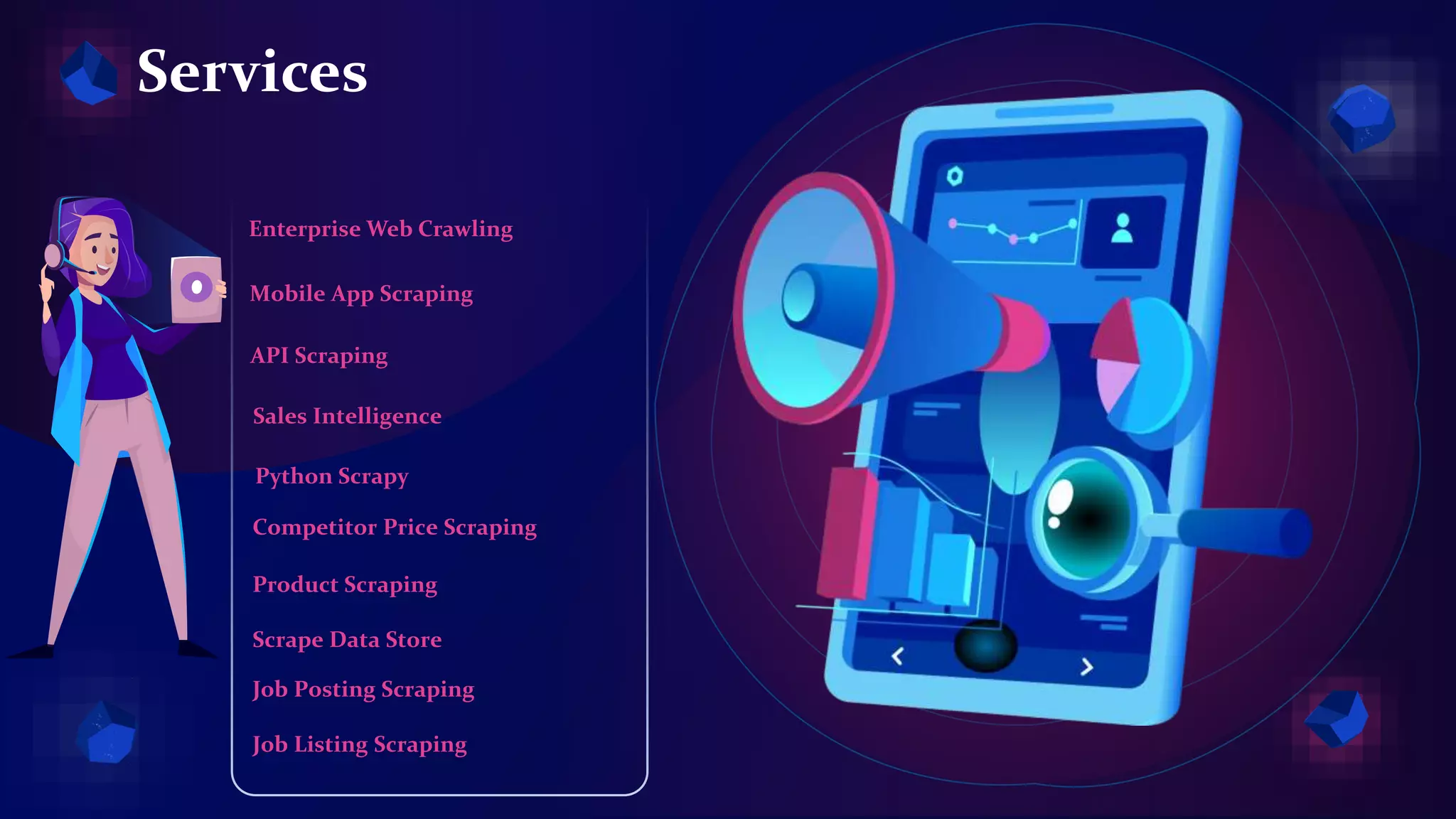 Services
API Scraping
Sales Intelligence
Competitor Price Scraping
Product Scraping
Scrape Data Store
Mobile App Scraping
Enterprise Web Crawling
Python Scrapy
Job Posting Scraping
Job Listing Scraping
 