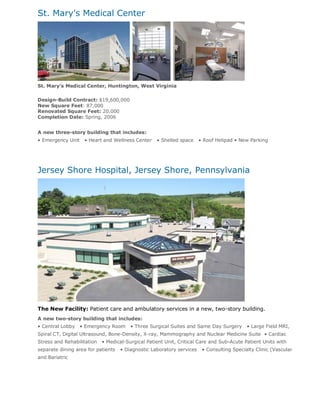 St. Mary's Medical Center




St. Mary’s Medical Center, Huntington, West Virginia

Design-Build Contract: $19,600,000
New Square Feet: 87,000
Renovated Square Feet: 20,000
Completion Date: Spring, 2006


A new three-story building that includes:
• Emergency Unit    • Heart and Wellness Center    • Shelled space     • Roof Helipad • New Parking




Jersey Shore Hospital, Jersey Shore, Pennsylvania




The New Facility: Patient care and ambulatory services in a new, two-story building.
A new two-story building that includes:
• Central Lobby    • Emergency Room     • Three Surgical Suites and Same Day Surgery       • Large Field MRI,
Spiral CT, Digital Ultrasound, Bone-Density, X-ray, Mammography and Nuclear Medicine Suite • Cardiac
Stress and Rehabilitation   • Medical-Surgical Patient Unit, Critical Care and Sub-Acute Patient Units with
separate dining area for patients   • Diagnostic Laboratory services    • Consulting Specialty Clinic (Vascular
and Bariatric
 