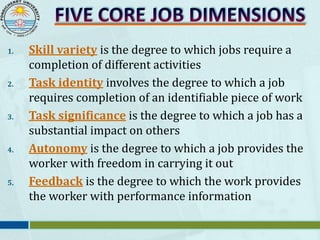 1. Skill variety is the degree to which jobs require a
completion of different activities
2. Task identity involves the degree to which a job
requires completion of an identifiable piece of work
3. Task significance is the degree to which a job has a
substantial impact on others
4. Autonomy is the degree to which a job provides the
worker with freedom in carrying it out
5. Feedback is the degree to which the work provides
the worker with performance information