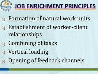 1) Formation of natural work units
2) Establishment of worker-client
relationships
3) Combining of tasks
4) Vertical loading
5) Opening of feedback channels