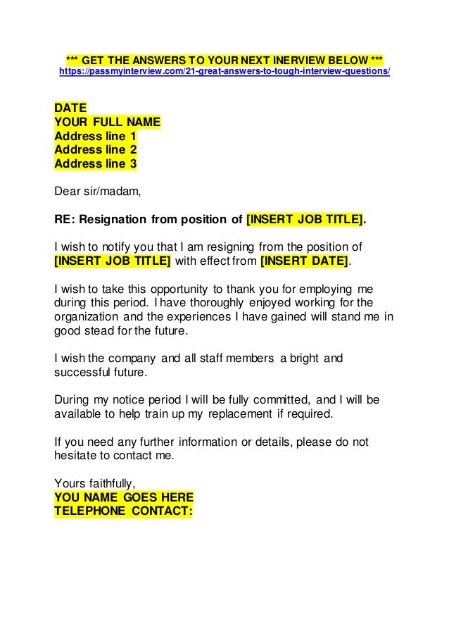 Job Resignation Letter Sample Template